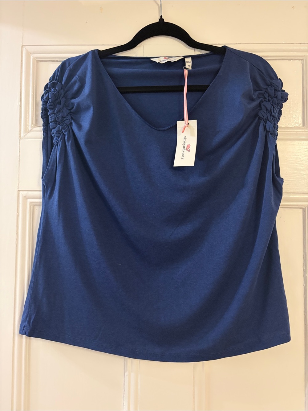 Vineyard Vines Royal Blue Short Sleeve Top with Ruched Rosette Sleeves